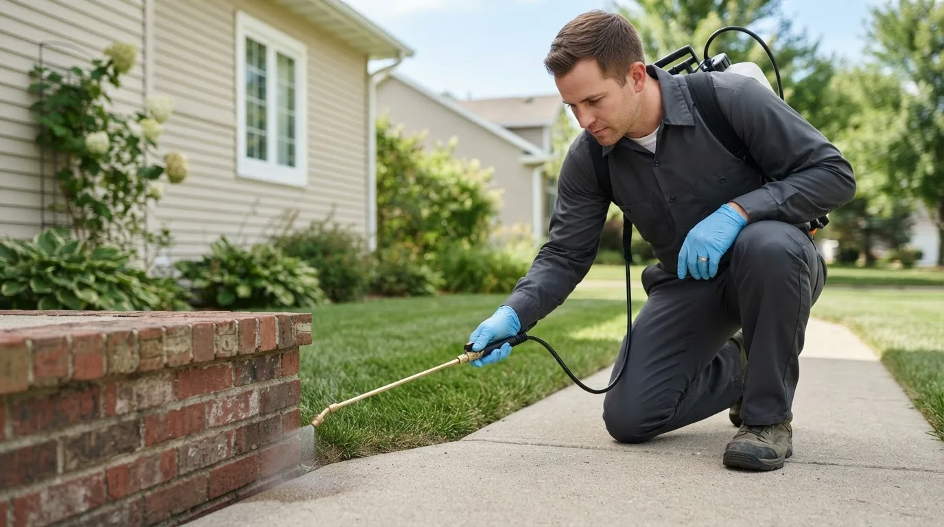 Pest control technician treating a home near Woolstock, IA