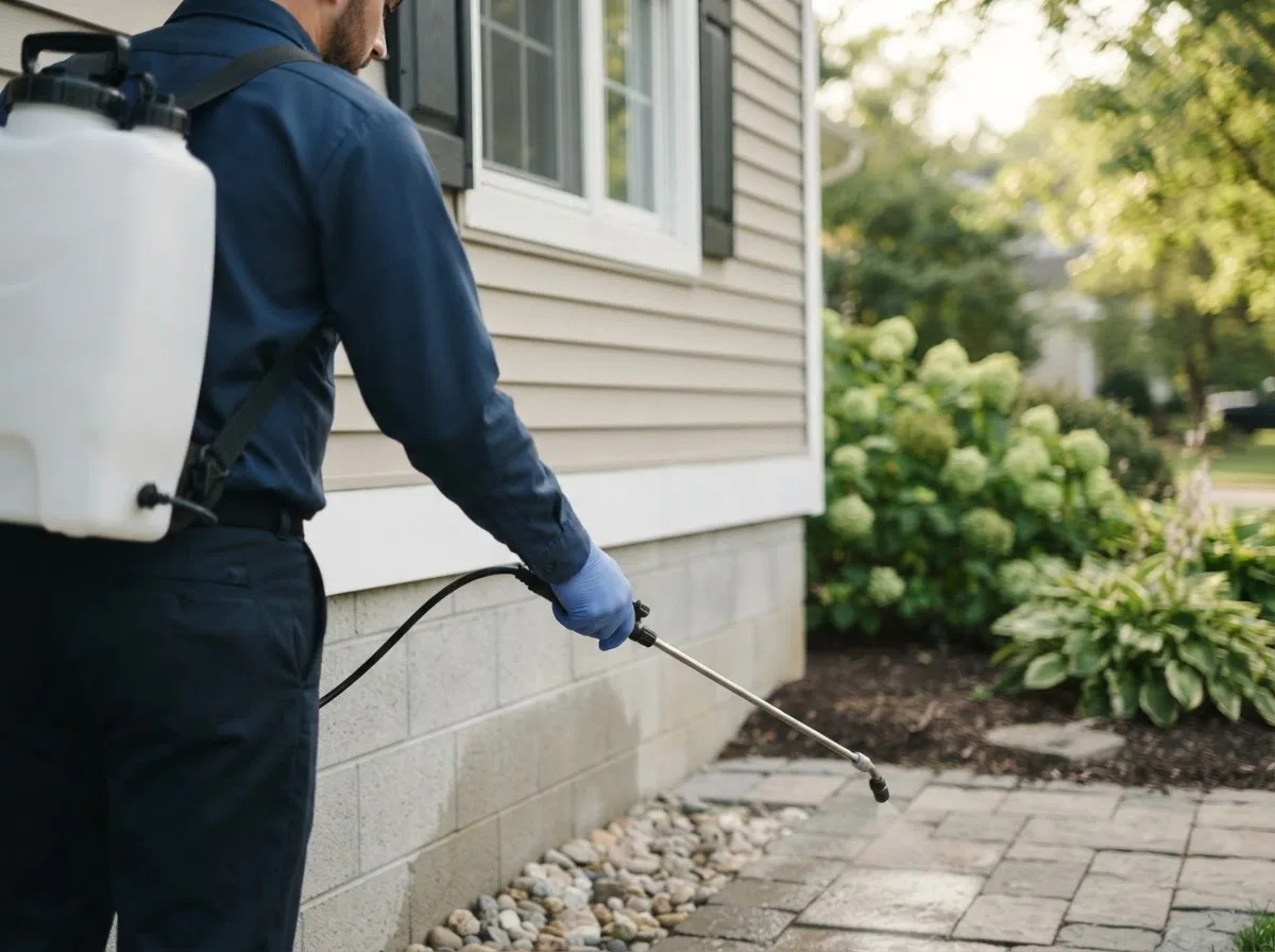 Pest control technician inspecting a home in Woolstock, IA